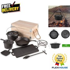 Durable 8-Piece Cast Iron Cooking Set with Vintage Wooden Box for Camping & Home picture