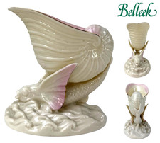 Belleek China Ireland Flying Fish Spill Vase W/24 Kt Gold 5 inX 4.5 in Soft Pink picture
