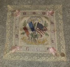 Rare WWI Souvenir of France Pillow Sham Embroidered Flags Silk Pillowcase picture