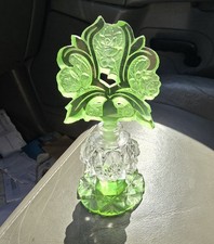 Antique 1920s 30s Czech Perfume Bottle Green Cut Glass Stopper  Roses GLOWS picture