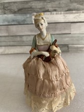 Antique Porcelain 1920's Half Lady Pin Cushion Mandolin Gold Necklace Pink Dress picture