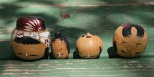 Vintage LOT 4 Kokeshi HEADS No Bodies Happy Angry Faces Quirky Paint Wear  picture
