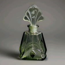 Antique Art Deco, Lily of the Valley, Green Glass Perfume Bottle + Intact Dauber picture