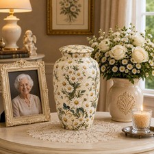 White Daisy Cremation Urn, Botanical Floral 10 inches ship by fedex picture