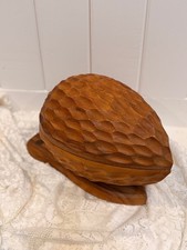 Vintage Mid-Century Modern 14 in. hand-carved wood walnut-shaped nut bowl box. picture