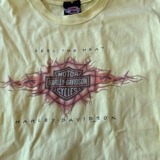 Harley Davidson Feel the Heat 1998 VTG yellow De Kalb IL Shirt Adult Size LARGE picture