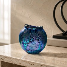 Vintage Mark Chapman Studio Art Glass. Webbed Iridescent Blue Durand Style Vase picture
