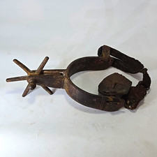 Antique Western Cowboy Spur 6 Point Rowel Engraved Iron Steel Leather Strap picture