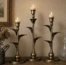 Antique Metal Leaf Candle Holders – Set of 3 Vintage Elegant Luxurious Bronze picture