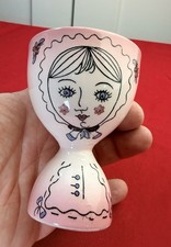 Vtg Anthropomorphic Double Egg Cup Pink Bonnet Girl Lady Face Ceramic Japan MCM picture