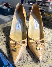Jimmy Choo Beige Croc-Embossed Pointed Toe Stiletto Pumps Bow EU 38.5 / US 8 picture