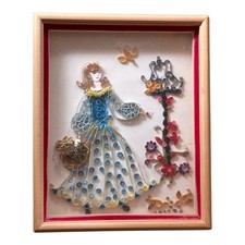Vintage Paper Quilling Art Victorian Lady Flowers Butterflies Framed Shadow Box picture