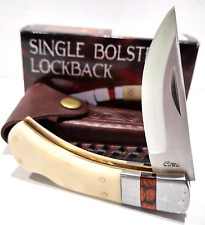 Buck White Bone Hunting Skinning Lockback Folding Pocket Knife + Leather Sheath picture