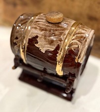 Vintage Mid-Century Ceramic Barrel Decanter w/ Artmark Sticker –Brown Drip Glaze picture