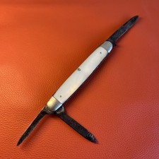 Antique 3-Blade Split-Back Whittler Pocket Knife White Handles 3.5in picture