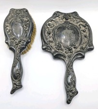 Antique Art Nouveau Silver Plated Vanity Set 1900s Mirror & Brush  picture