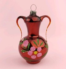 Vtg Red Mercury Glass Frosted Glitter Flower Double Handle Coffee Urn Ornament picture