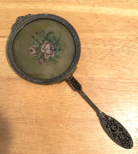 Antique Handheld Vanity Mirror Petit Point Roses Ornate Open Filigree Metal picture