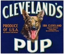 RARE ORIGINAL C1940S APPLE CRATE LABEL CLEVELANDS PUP YAKIMA GERMAN SHEPHERD picture