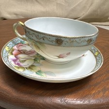 Antique Hand Painted Nippon Thin Body Porcelain Teacup & Saucer Floral Round picture