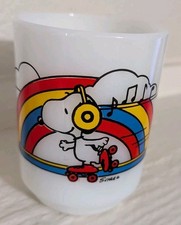 Fire-King Peanuts Snoopy Skater's Waltz 1958 Milk Glass Mug 8 oz Handle Vintage picture