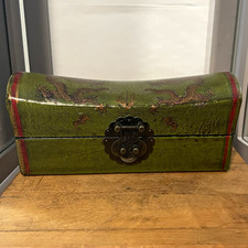 Vintage Chinese Green Leather-Clad Wooden Pillow Box with Dragon Motif picture