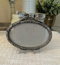 Vintage Pewter Tone Oval Picture Frame Ornate Floral Bow Ribbon picture