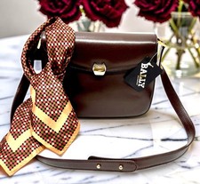 NEW Classic Evening Bally Shoulder Bag Brown Leather +100% Silk Scarf(9 picture