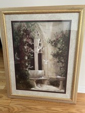 Home Interior by Birkenstock Arch W Bush Flowers Doves, Birthbath Bench 31”x25” picture