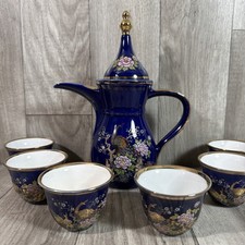 Vintage Okumura Japan Cobalt Blue Tea Set Coffee Pot 6 Cups Gold Trim Porcelain picture