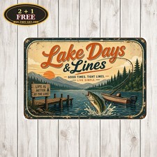 Lake Life Fishing Sign Leaping Fish Boat Pier Vintage Retro Travel Metal Sign picture