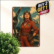 Female Pilot Tin Sign Vintage Aviator Woman Aviation Hangar Metal Wall Plaque picture