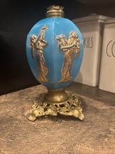 Antique Victorian Turquoise Glass Oil Lamp Base Gilt Classical Figures AS-IS picture