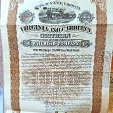 Virginia and Carolina Southern Railroad Company $1000 5% 30 Year Gold Bond 1907 picture