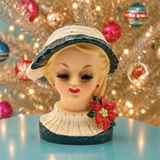 Vintage Napco Christmas Lady Head Vase Planter Poinsettia Japan MCM Retro picture
