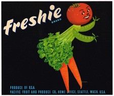 ORIGINAL CRATE LABEL C1950S FRESHIE ANTHROPOMORPHIC SEATTLE WASHINGTON SCARCE picture