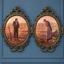 Pair Oval Metal Frame Glass Farmer Prints Angelus Convex Glass Original 17x12” picture