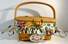 VTG 1997 Longaberger Mini Child Basket Purse w/Lid Floral Liner & Ceramic Plaque picture