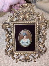 🖼️Vintage Ornate Gold-Tone Filigree Framed Miniature Portrait - Regency Lady picture