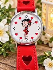 Vintage 1983 Betty Boop Mechanical Watch Red Heart Strap New With Tin picture