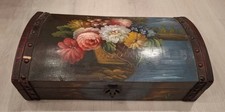 Vintage Large Floral Handpainted Dome-Top Wooden Keepsake Jewelry Box FELT LINED picture