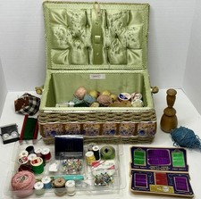 Vintage Dritz Woven Sewing Basket Full Mixed Lot Sewing Supplies W/ Darning Egg picture