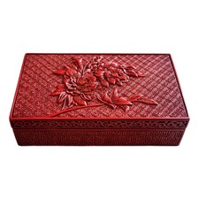 Vintage Chinese Carved Cinnabar Lacquer Box With Peony Motif picture