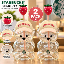 Starbucks Bearista Bear Cup Tumbler 2 Pack Strawberry Topper Baseball Cap picture