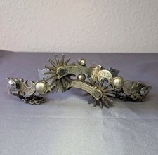 Vintage Antique Buermann Crescent Moon Spurs Silver Inlay Steel Western Spurs picture