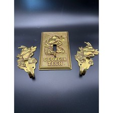 Georgia Tech Yellow Jackets Brass Light Switch Cover and Wall Hooks Buzz Set picture