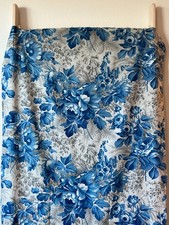 Antique French Fabric Prussian Blue Grey  Floral Cotton Large Scale Roses Flower picture