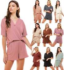 Women's Ribbed Knit Pajama Sets Short Sleeve Top and Shorts 2 Pieces Loungewear picture