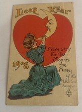 Antique Leap Year Postcard ,Edwardian Woman Kneeling To The Man In Moon c.1908 picture
