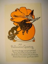 CAT RIDES WITCHES BROOM ON HALLOWEEN antique unused postcard 2 tone CHROMOLITHO picture